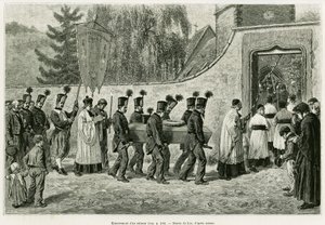 Begräbnis eines Bergarbeiters. Gravur von Lix zur Illustration der Geschichte „Durch Elsass und Lothringen“ 1887, von Charles Grad, deutscher Abgeordneter, in Le Tour du monde 1888, herausgegeben von Edouard Charton (1807-1890), Hachette, Paris. von Frederic Theodore Lix