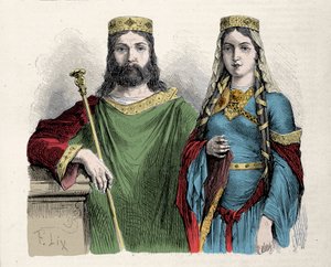 Clovis (481-511) König der Franken mit seiner zweiten Frau, der heiligen Clotilde (Clothilde) Königin. Gravur von Lix.
