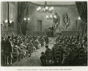 Konferenz für die Arbeiter der Dollfus-Mieg-Werkstätten in Dornach. Gravur von Lix zur Illustration der Geschichte „Durch Elsass und Lothringen“, von Charles Grad, deutscher Abgeordneter, 1885, in Le Tour du monde 1886, unter der Leitung von Edouard Charto von Frederic Theodore Lix
