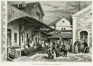 Molkerei in der Milchhalle von Mulhouse. Gravur von Lix zur Illustration der Geschichte „Durch Elsass und Lothringen“ von Charles Grad, deutscher Abgeordneter, 1885, in Le Tour du monde 1887, unter der Leitung von Edouard Charton (1807-1890), Hachette, Par