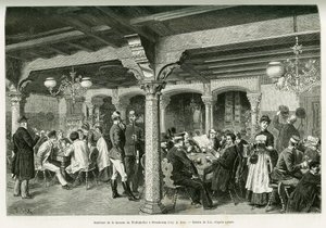 Innenansicht der Tiefenkeller-Taverne in Straßburg. Gravur von Lix zur Illustration der Geschichte „Durch Elsass und Lothringen“ von Charles Grad, veröffentlicht in Le Tour du monde 1888 von Frederic Theodore Lix
