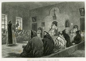 Versammlung des Kapitels unter den Trappisten von Oelenberg. Gravur von Lix zur Illustration der Geschichte „Durch Elsass und Lothringen“ von Charles Grad, veröffentlicht in Le Tour du monde 1887