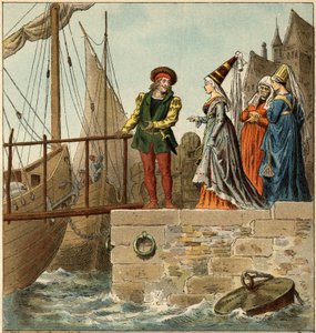 Volkslied: „A Nantes est arrive“. Illustration (Detail) von Frederic Theodore Lix (1830-1897) in „Chansons et rounds enfantines des provinces de la France“. von Frederic Theodore Lix