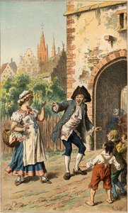 Volkslied: „In Paris gibt es eine Dame“. Ein Mann macht sich über ein Dienstmädchen lustig, sodass das Gesicht mit Politur bedeckt ist. Illustration von Frederic Theodore Lix (1830-1897) in „Chansons et rounds enfantines des provinces de la France“ von Frederic Theodore Lix