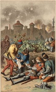 Volkslied: „Es war der Großherzog von Maine“. Tod des Herzogs von Maine, durchbohrt von einem Pfeil. Illustration von Frédéric Théodore Lix (1830-1897) in „Chansons et rondes enfantines des provinces de la France“. von Frederic Theodore Lix