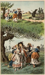 Volkslied: „Wir waren drei Mädchen“. Illustration von Frederic Theodore Lix (1830-1897) in „Chansons et rounds enfantines des provinces de la France“ von Frederic Theodore Lix