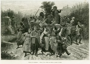 Rückkehr der Ernte. Gravur von Lix zur Illustration der Geschichte „Durch Elsass und Lothringen“ von Charles Grad, veröffentlicht in Le Tour du monde 1888 von Frederic Theodore Lix