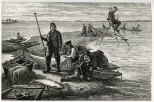 Lachsfang. Gravur von F. Lix, zur Illustration der Geschichte „Durch Elsass und Lothringen“ von Charles Grad (1842-1890), veröffentlicht in Le Tour du monde, 2. Semester 1885 von Frederic Theodore Lix