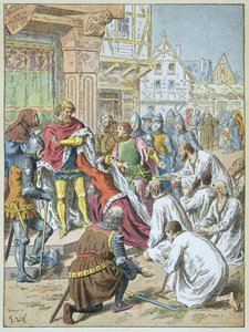 Belagerung von Calais durch Edward III. 1346 - 1347. Königin Philippa von Hennegau bat ihren Bräutigam, den Bürgern von Calais Gnade zu gewähren. von Frederic Theodore Lix