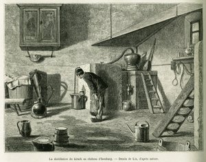 Die Destillation des Kirschs im Schloss von Isenburg. Gravur von Lix zur Illustration der Geschichte A Travers l