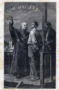 Der Bischof Myriel begleitet einen zum Tode Verurteilten, der auf das Schafott steigt - Illustration von Frederic Theodore Lix (1830-1897) für „Die Elenden - Erster Teil: Fantine“ von Victor Hugo (1802-1885) 1862