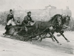 Ein Schlitten mit blauem Seidennetz, um den Schnee von den Insassen fernzuhalten, der Kreml im Hintergrund von Frederic de Haenen