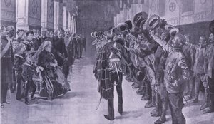 Königin Victoria inspiziert invalide Kolonialsoldaten in der St. Georges Hall, Windsor, Illustration aus After Pretoria: The Guerilla War, 1902 von Frederic de Haenen