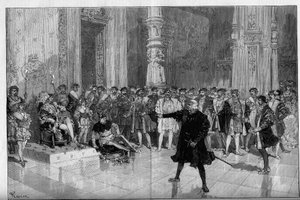 Theateraufführung: „Der König amüsiert sich“ von Victor Hugo (1808-1883). Akt I Szene 5: ein Raum im Louvre, der Fluch. M. de Saint Vallier vor König Franz I. (Mounet Sully) und dem Narren Triboulet (Edmond) von Frederic de Haenen