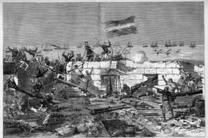 Tunesien, Juli 1881: Französische Truppen eroberten die Stadt Stax nach dem Aufstand der Einwohner gegen das französische Protektorat von Tunesien. Marinegewehre nehmen die Rundbatterie ab. Gravur von De Haenen in „Die illustrierte Welt“ Nr. 1273 vom 20. A von Frederic de Haenen