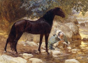Ein Araber tränkt sein Pferd an einem Fluss, ca. 1890-1900 von Frederick Arthur Bridgman