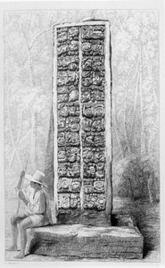 Hieroglyphen auf der Rückseite eines Denkmals in Copan, Honduras, aus Band I von 