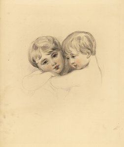 Porträt der Calmeady-Kinder in einer Umarmung. Handkolorierte Gravur von Frederick Christian Lewis nach einer Illustration von Sir Thomas Lawrence aus P.G. Patmore