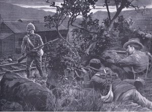 Entarteter Krieg: Buren schießen auf einen Wachposten, aus After Pretoria: Der Guerillakrieg veröffentlicht von Harmsworth Bros Limited, 1901