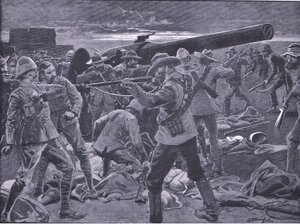 Der Angriff auf Gun Hill: Die Kanoniere der Marine 47 überrascht, aus After Pretoria: Der Guerillakrieg veröffentlicht von Harmsworth Bros Limited, 1901 von Frederick Judd Waugh