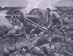 Die Verteidigung von Dewetsdorp: Bedienung einer 15-Pfünder-Kanone im Alleingang, Illustration aus After Pretoria: The Guerilla War, 1902 von Frederick Judd Waugh