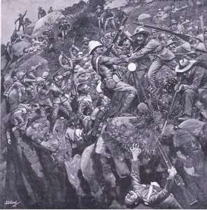 Das Unglück in Nooitgeddacht: Das Ende eines tapferen Signalisten, aus After Pretoria: Der Guerillakrieg veröffentlicht von Harmsworth Bros Limited, 1901 von Frederick Judd Waugh