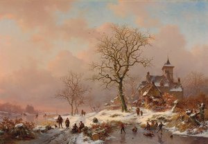 Winterlandschaft mit Figuren, die auf dem Eis spielen, 1868 von Frederick Marianus Kruseman