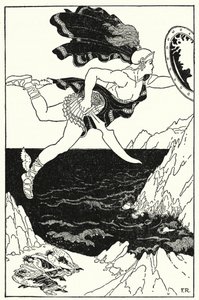 Perseus flog vorsichtig nach unten und hielt dabei seine Augen auf Medusas Gesicht, wie es sich in seinem Schild spiegelte