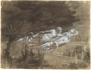 Frau, die in einem Fluss schwebt, begleitet von zwei weiblichen Geistern von Frederick Trapp Friis