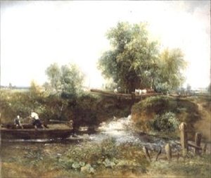 Fluss mit Pferden, die überqueren und Boot