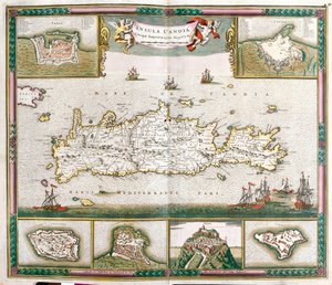 Karte der Insel Kreta mit Ansichten der befestigten Städte La Cane und Heraklion und der Festungen von Spinalonga, Retino, Thine und Souda