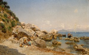 Am Strand, Capri mit Vesuv im Hintergrund