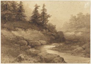 Hügelige Landschaft mit einem Fluss von Frederik Hendrik Kaemmerer
