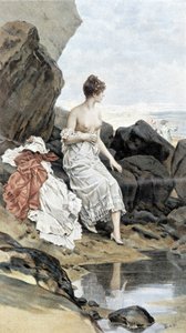 Frau am Meer, die sich versteckt badet - Allegorie des Sommers, Kalender illustriert von Hubert Dys, gemalt von F.H. Kaemmerer von Frederik Hendrik Kaemmerer