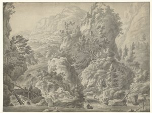 Berglandschaft mit Wasserfall von Frederik de Moucheron