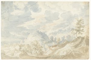 Berglandschaft mit Blick auf ein Tal (der Donau?) und einen Kirchturm von Frederik van Valckenborch