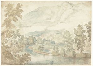 Biegung in einem Fluss, der durch ein Tal mit hohen Bergen fließt von Frederik van Valckenborch