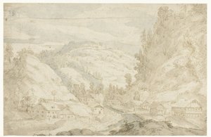 Ansicht eines Tals mit einem Dorf und einem Bergbach (Skizzenbuch) von Frederik van Valckenborch