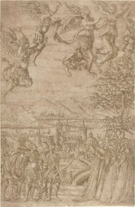 Ein König und sein Gefolge konfrontieren Damen unter einer himmlischen Schlacht von French 17th Century