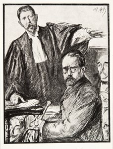 Dreyfus bei seinem Prozess, aus „Geschichte der Dritten Republik“, Bd. I, „Die politische Geschichte“, veröffentlicht 1933 (Lithografie) von French Photographer