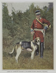 Hund und Jäger in der Livree der Jagd der Herzogin von Uzes, Frankreich