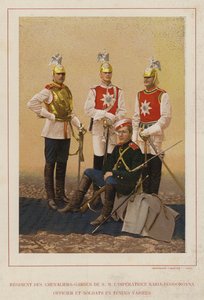 Russische Armee: Regiment der Rittergarde Ihrer Majestät der Kaiserin Maria-Feodorovna, Offizier und Soldaten in verschiedenen Uniformen