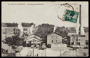 Postkarte, die die Minen von Grosmenil, Kohlesortierung, Haute-Loire, um 1900 darstellt