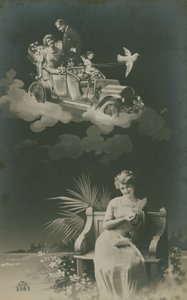 Postkarte einer jungen Frau, die einen Brief liest und von der Ehe träumt, gesendet 1913