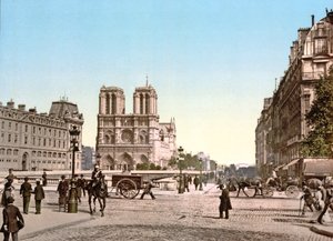 Westfassade von Notre Dame und Pont St. Michel, Paris, veröffentlicht um 1900 von French Photographer