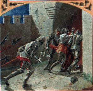 Hundertjähriger Krieg: Die Armee der Burgunder eroberte das Schloss Pierrefonds durch Verrat (14. Jahrhundert). Chromolithographie aus dem späten 19. Jahrhundert von French School