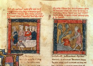 184 Fr.110 f.405 Galahad kommt zu Arthur und zieht das Schwert aus dem schwimmenden Stein im Fluss bei Camelot, ca. 1250-80 von French School