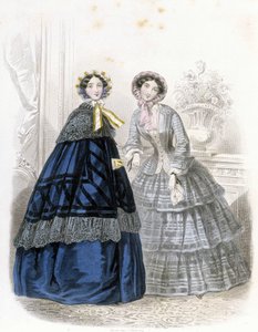 2 modische Frauen: in Outfit - im „Journal des Demoiselles“ 1852 (Gravur)