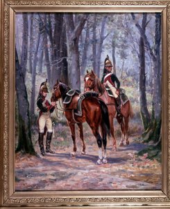2 Reiter der 8. Drachen, als Späher unterwegs, Gemälde 65 x 58 cm, Öl auf Leinwand von De Villeneuve, Militärmaler Ende 19. Jahrhundert