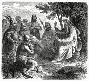 Ein Barde rezitiert vor Nordmännern, ca. 1882 (Holzstich) von French School